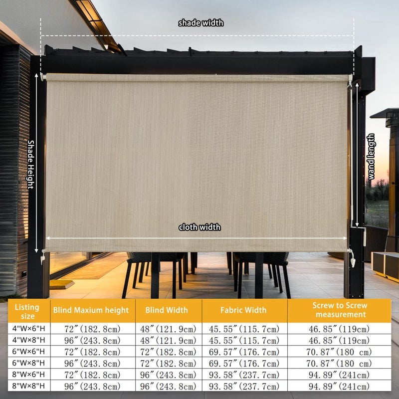 sunoff Outdoor Roller Shades，Cordless Patio Roller Up Blinds with Shade Cloth for Porch Gazebo Pergola Balcony Backyard，2 Poles & 1 Fabric，Sesame，96" Wx72 H - Image 2